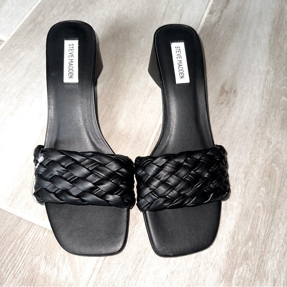 Steve Madden Black Braided Block Heel Slip On Faux Leather Sandals Mules Size 9